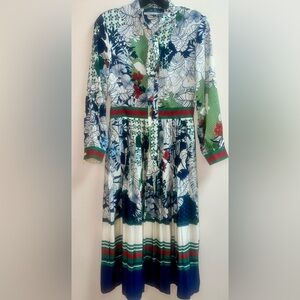 Elegant Floral Long Sleeve Dress in Blue and Green